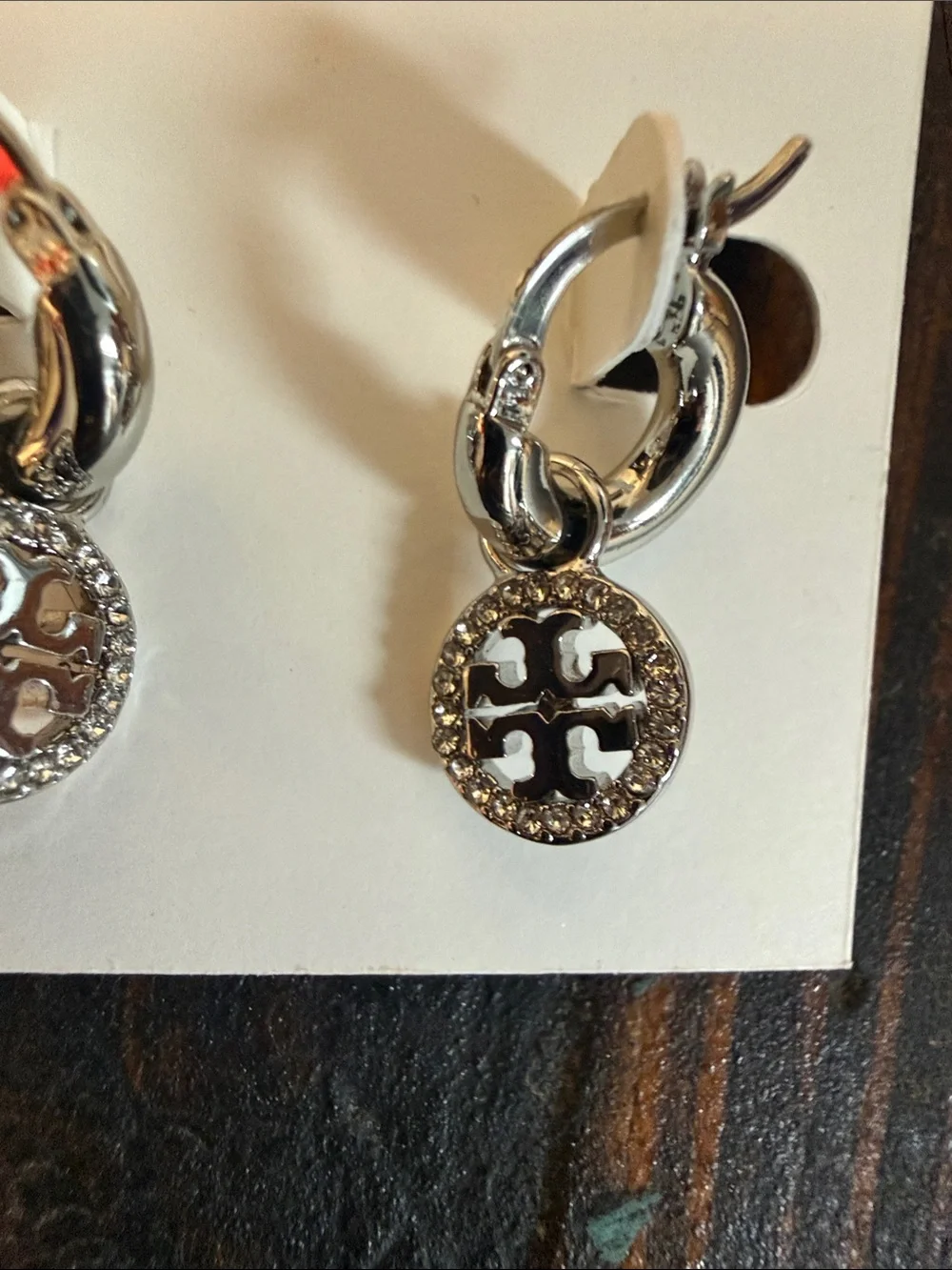 Tory Burch Silver Logo Drop Hoop Earrings